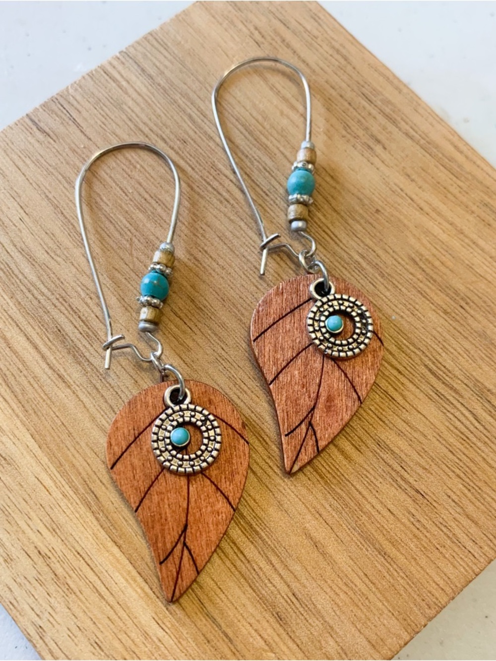 Handmade Turquoise Accented Wooden Leaf Drop Earrings